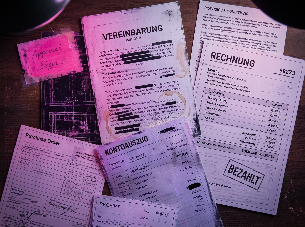 Collage aus Vertragsunterlagen, Mahnschreiben und Rechnungen